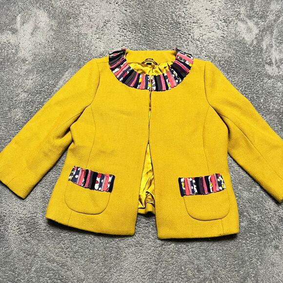 Boden Blazer Womens 12 Yellow Wool Blend Ribbon Accent Jacket blazer 3/4 sleeve - Picture 1 of 11